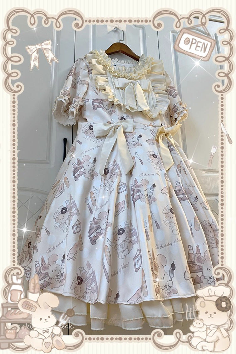 Short Puff Sleeve Print Ruffle Plus Size Princess Lolita Dress Ivory