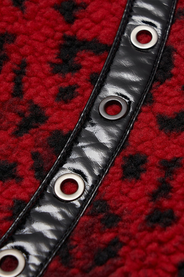 Crimson Leopard Print Leather Strap Steampunk Mini Skirt