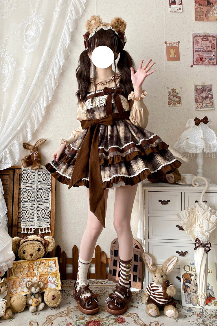 Cocoa Sleeveless Double-Layered Plaid Ruffle Bow Lace Sweet Lolita JSK