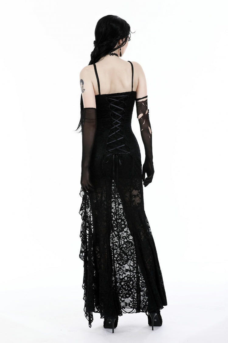 Sleeveless Side Slit Ruffled Lace Lace-Up Gothic Maxi Slip Wedding Dress