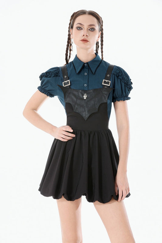 Bat Wing Buckled Gothic Suspender Dress Graduation Dress with Tail