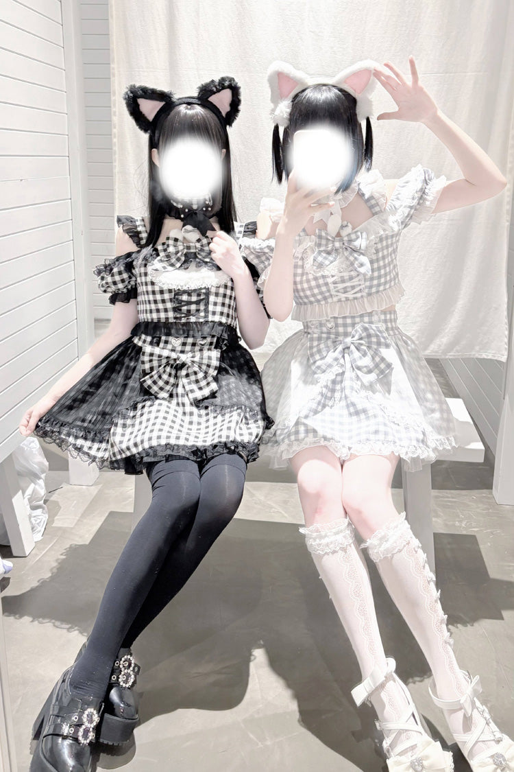 Jirai Kei Skirt Set with Plaid Print and Lace-Up Front - Night Rabbit Dream, Short Sleeves