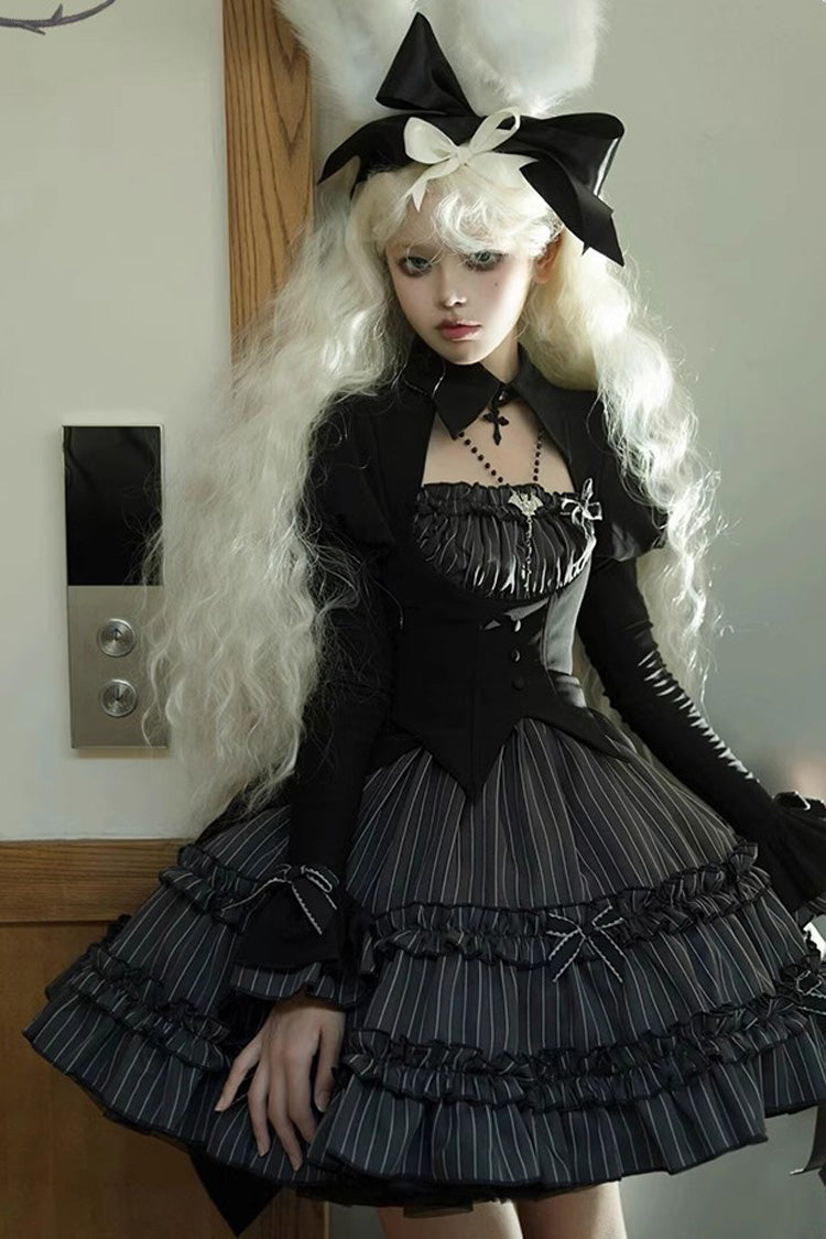 Charcoal Striped Long-Sleeve Ruffled Lace Dress - Duke of the Trap Rabbit
