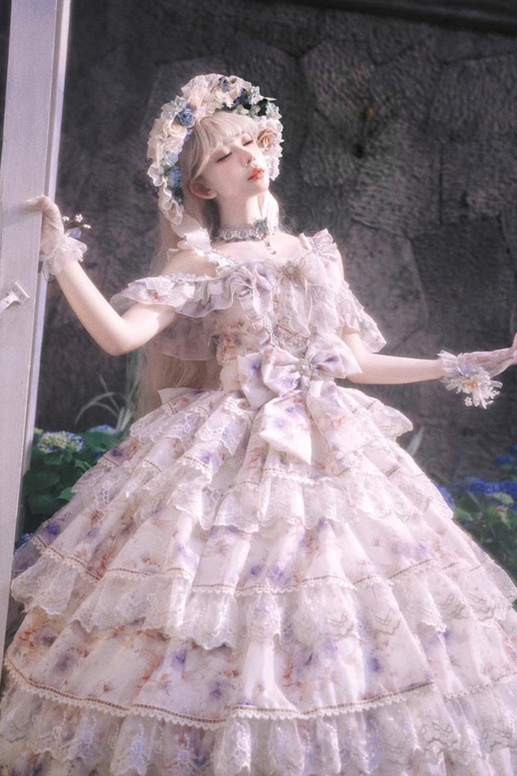 Rose Letter Off Shoulder Triple-Layered Print Ruffle Hanayome Princess Lolita Dress in Blue