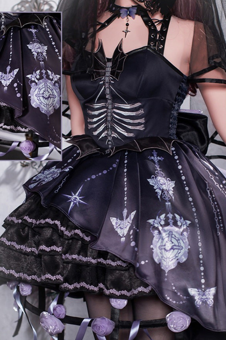 Black Feast of Bones Halterneck Multi-Layered Ruffled Lace Gothic Elegant JSK