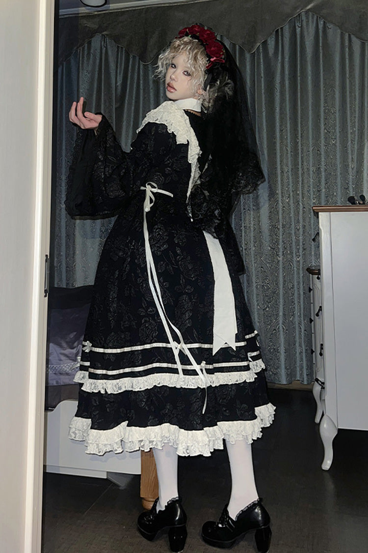Black Double-Layered Ruffled Embroidered Bow Lace Gothic Nun Dress - Rose Choir