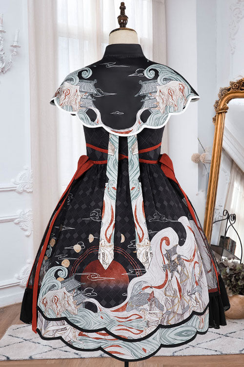 Classic Lolita OP Dress with Chang'e Moon Print and Ruffles