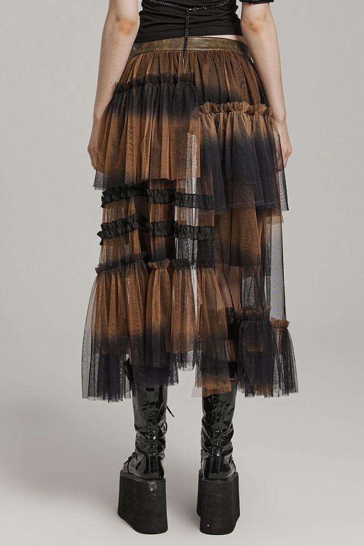 Steampunk Mesh Buckle Long Overskirt with Ruffles - Three Colors