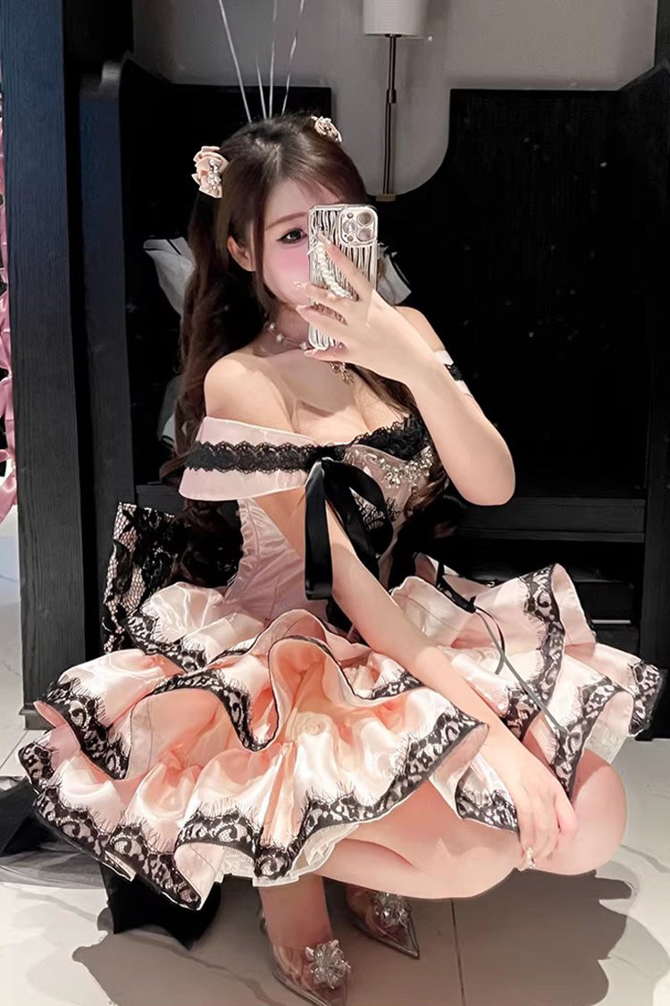 Sweet Lolita JSK Dress with Ruffled Lace and Lace-Up Back - Pink