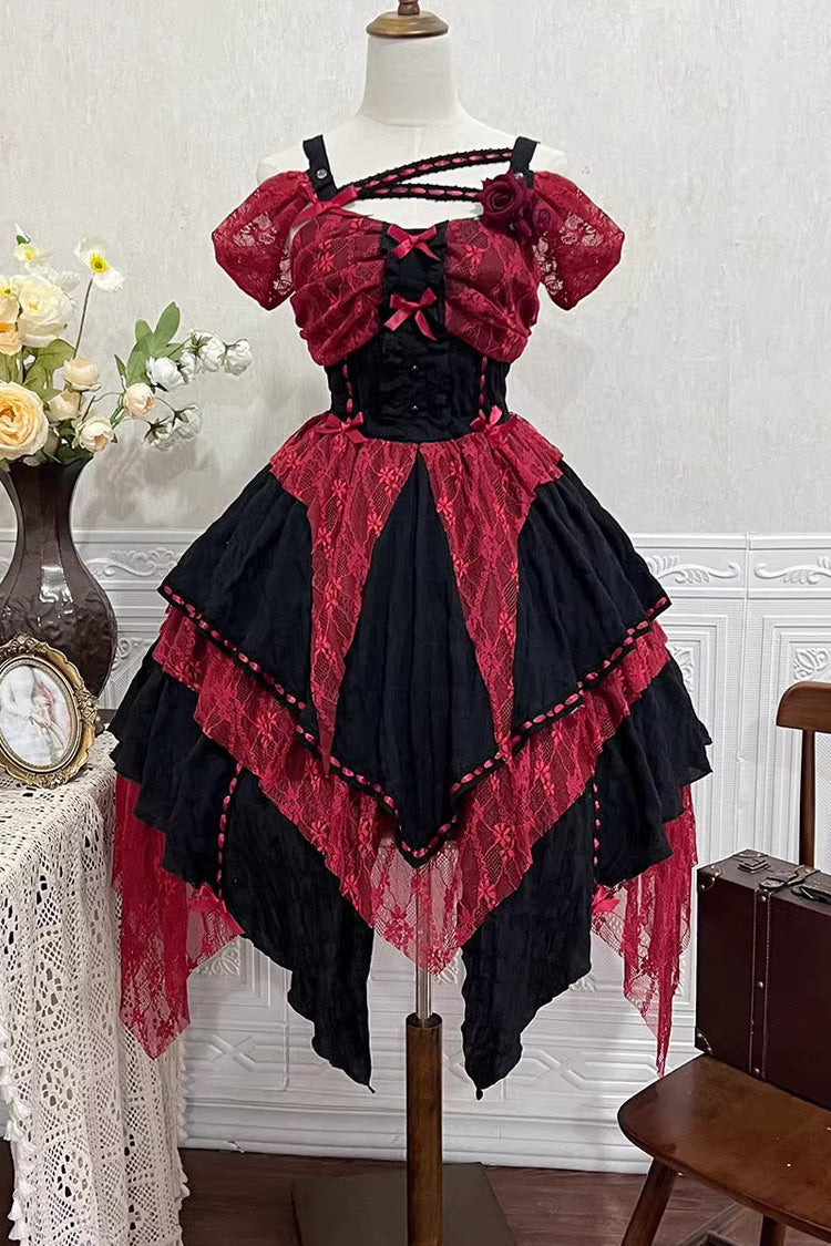 Red and Black Sleeveless High-Waist Print Asymmetric Gothic Lolita JSK