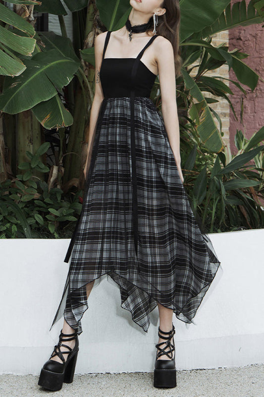 Metal Eyelets Shoulder Strap Irregular Hem Plaid Long Chiffon Punk Slip Dress