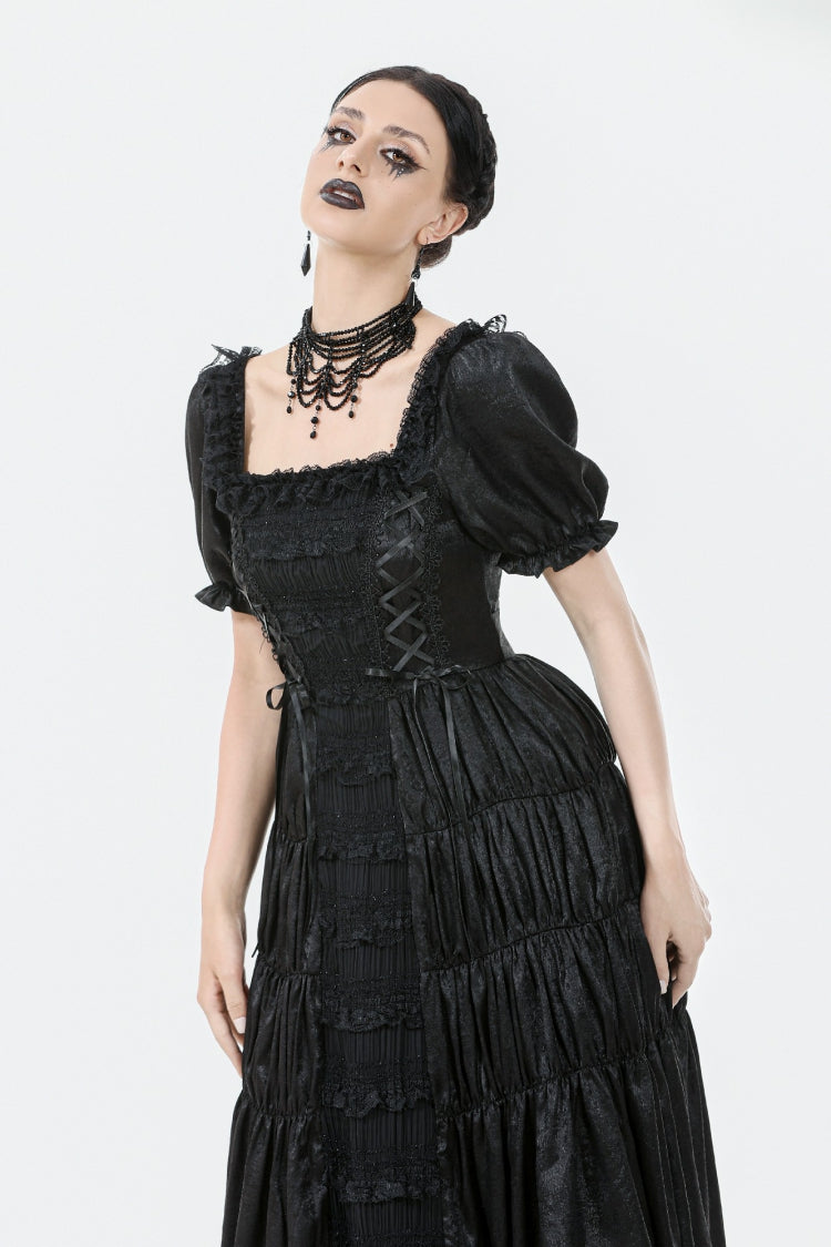 Square Collar Short Puff Sleeve Lace-Up Ruched Gothic Wedding Dress for Women Lace
