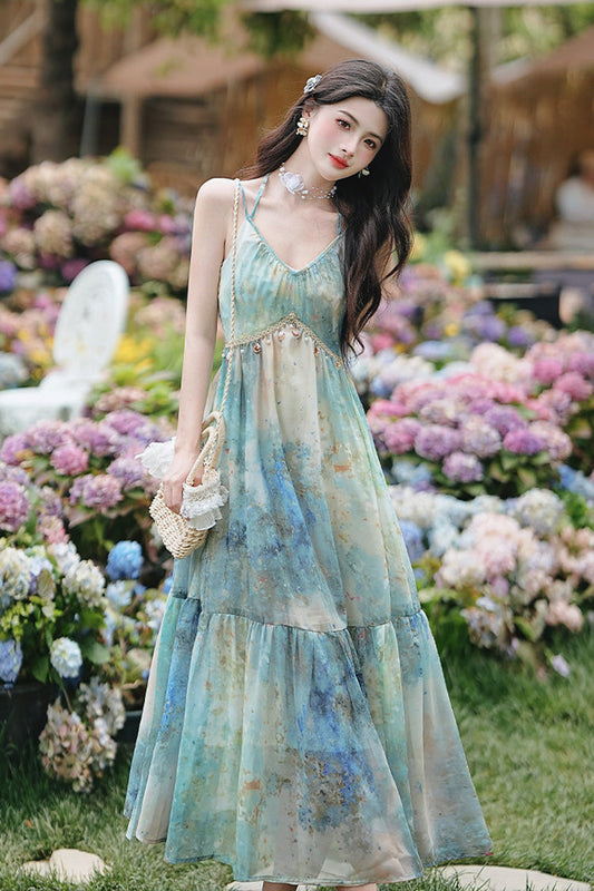 Blue/Green V Collar Sleeveless Classic Lolita JSK Dress Oil Painting Print