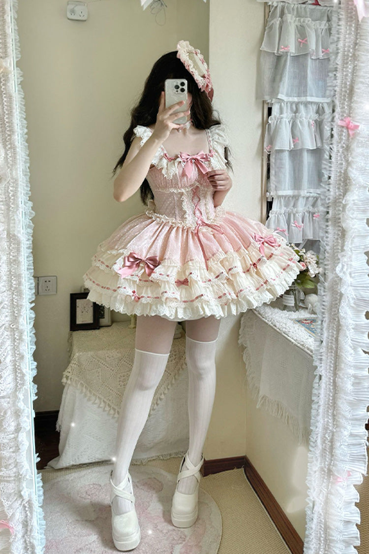 Pink Double-Layered Ruffled Bow Lace-Up Sweet Ballet JSK - Flory Butterfly