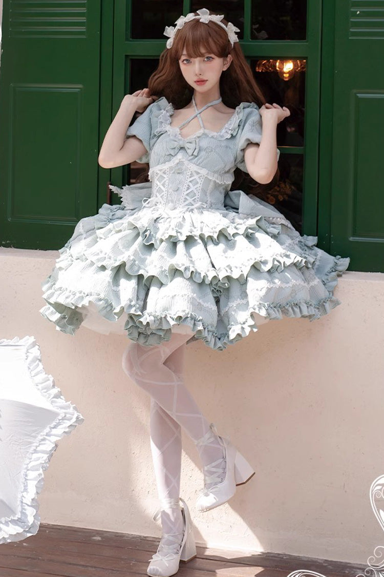 Mint Square Collar Short Sleeve Triple Ruffle Bow Sweet Lolita Dress