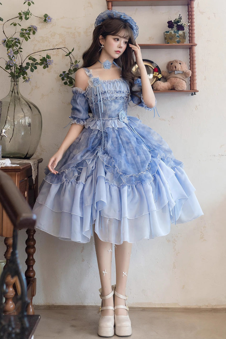 Goodnight Camellia Sleeveless Ombre Multi-Tiered Printed Ruffled Lace Fishbone Sweet Lolita Jumper Dress Three Colors