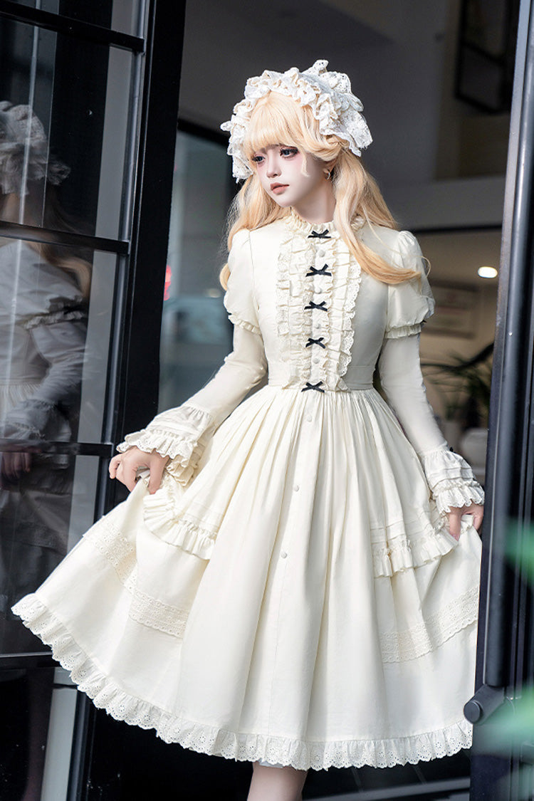 Cream Birch Appointment Stand Collar Long Puff Sleeve Frilled Bow Sweet Lolita Dress