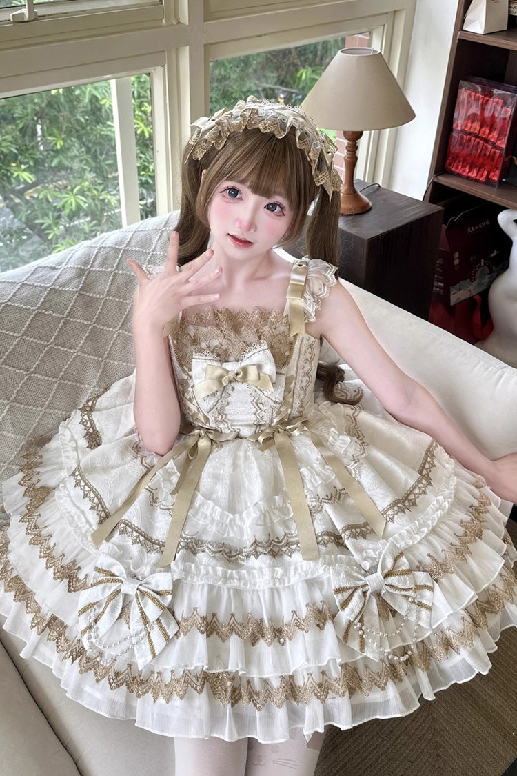 Ivory Sleeveless Double Ruffle Hot Stamping Bow Lace JSK