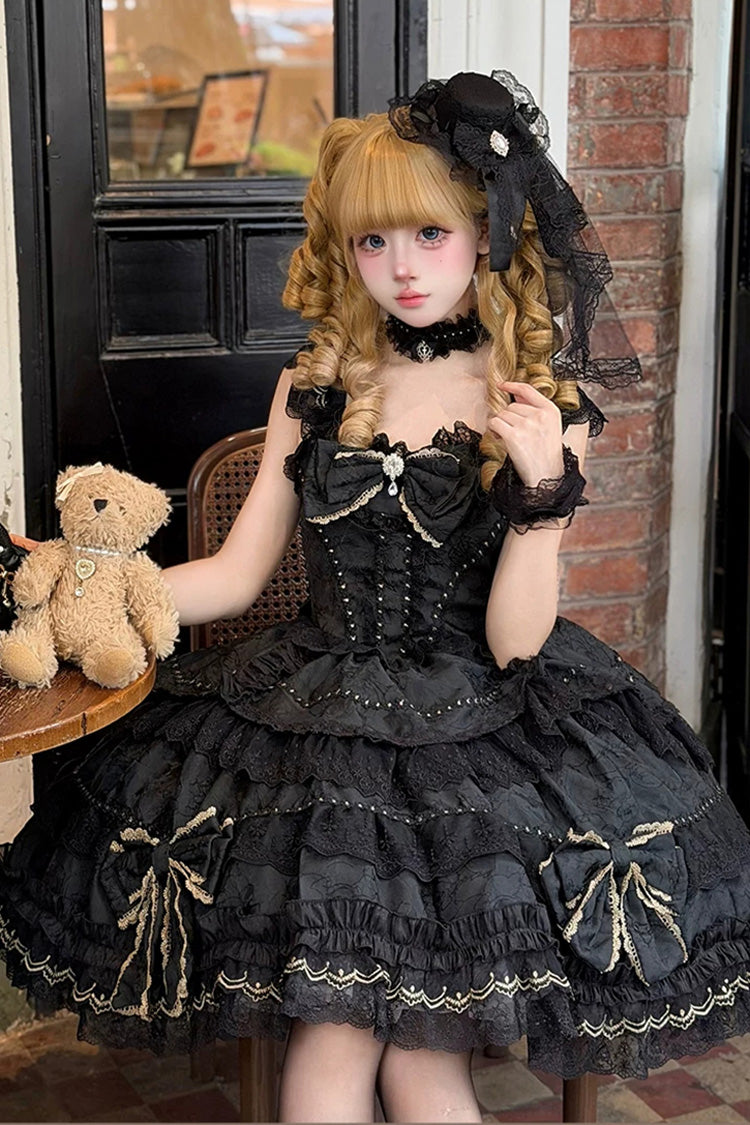 Charcoal Square Collar Layered Jacquard Bow Lace JSK - Day and Night Duality