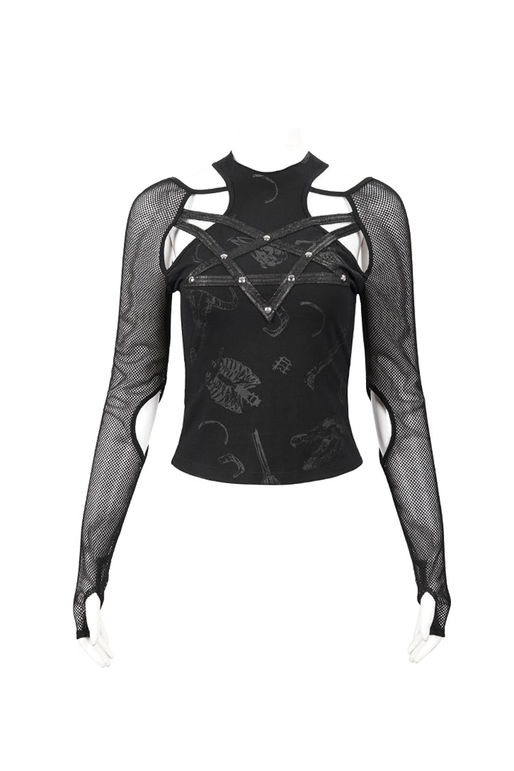 Occult Leather-Striped Long Sleeve Gothic Tee for Women