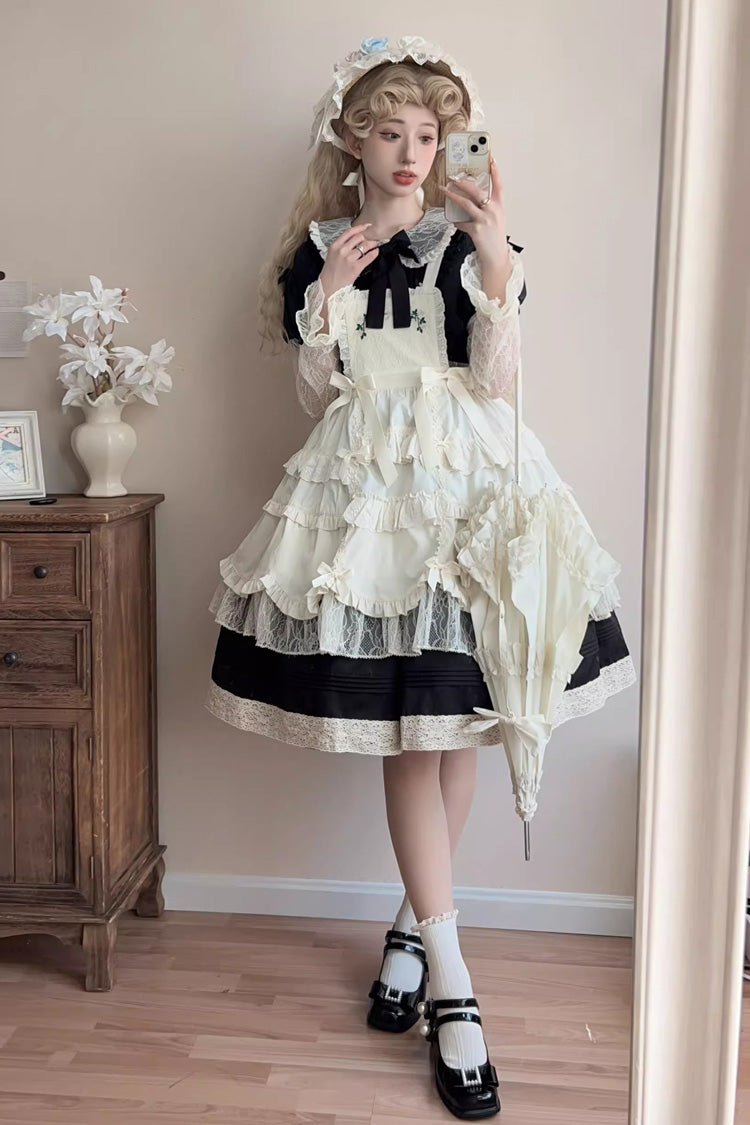 Lapel Collar Long Sleeve Embroidery Bow Lace Sweet Lolita Dress - Black