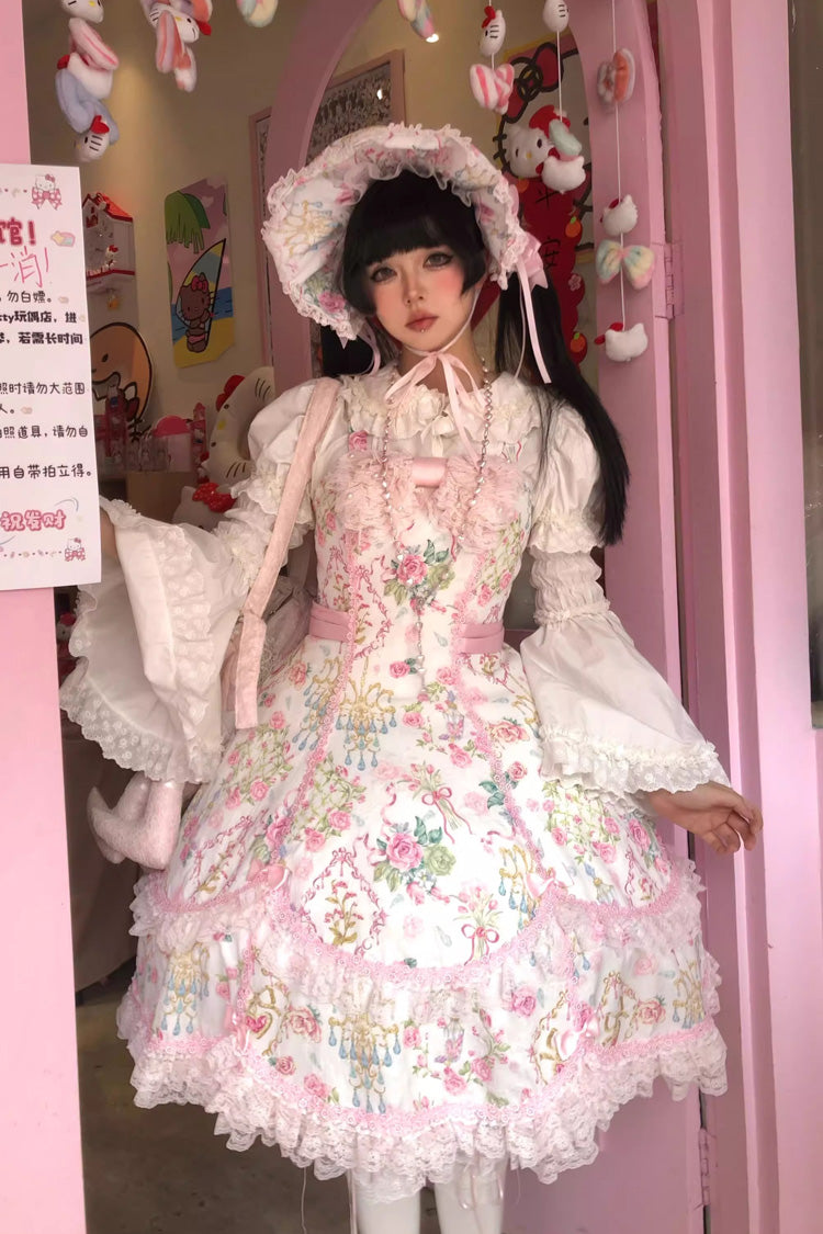 Ivory & Pink Sleeveless Floral Wall Print Lace Bow Sweet Lolita JSK Dress