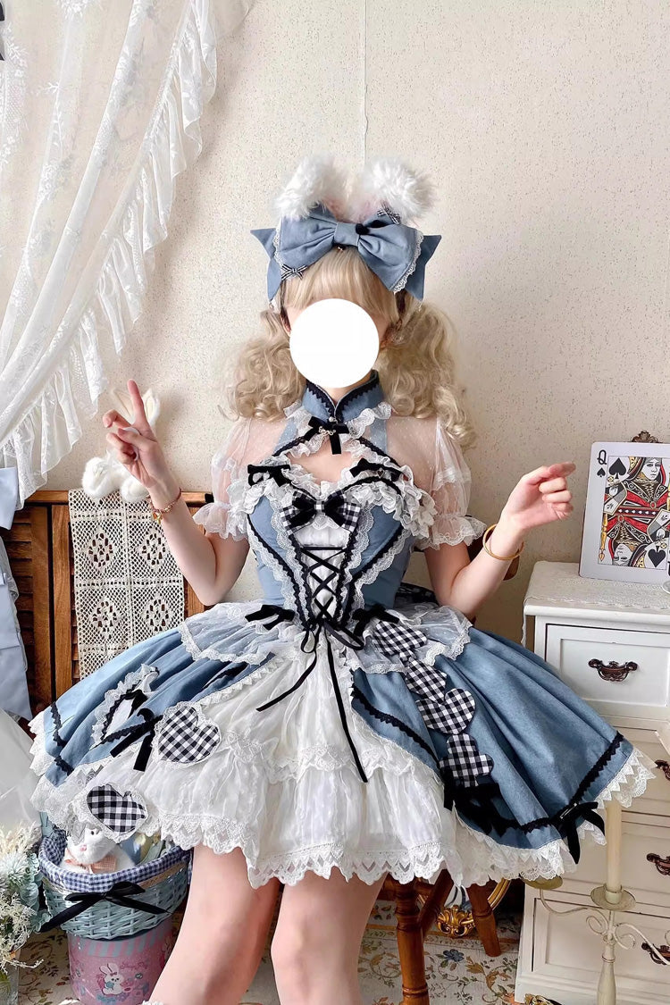 Cobalt Chinese-Style Elegant Princess Lolita Skirt with Bow and Lace