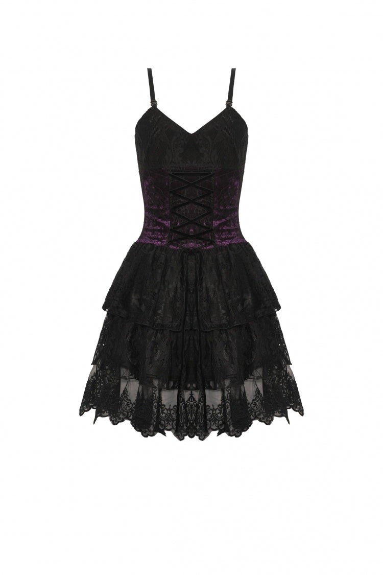 Black/Purple Multi-Layer Lace Lace-Up Gothic Dress