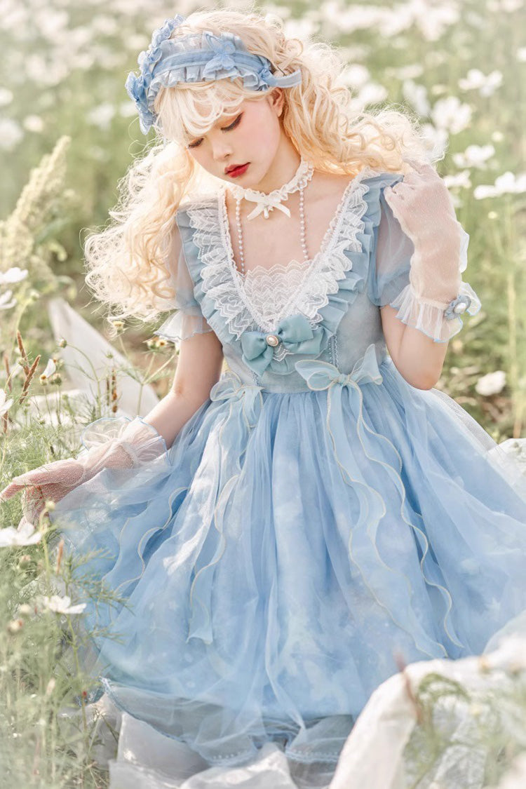 Blue Planet Butterfly Printed Ruffled Sweet Lolita Dress - High-Waisted