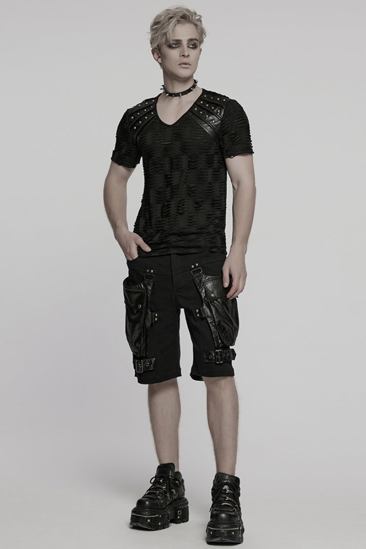 Edgy Punk Tee with Faux Leather Accents and Rivets for Men