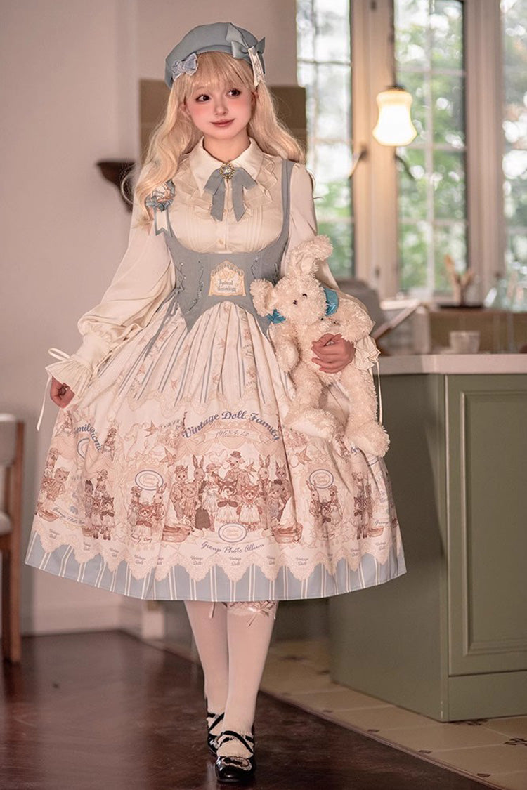 Dollhouse Print Long JSK Dress with Embroidery and Ruffles