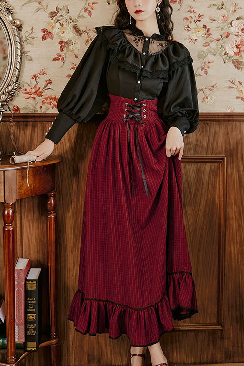 Wine Vintage Palace Ruffled Stripe High-Waisted Classic Dress Skirt