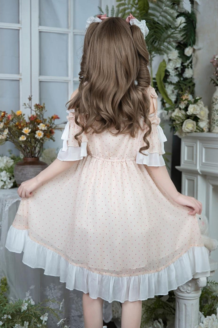 Off Shoulder Short Sleeve Polka Dot Printed Ruffled Bow Lace Palace Dress - Pink