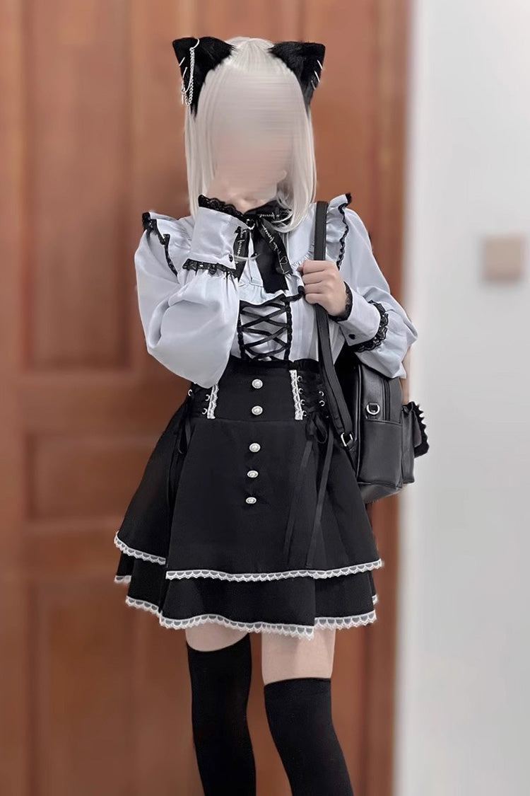 High Waist Bowknot Lace Lace-Up Sweet Lolita Jirai Skirt in Two Tones