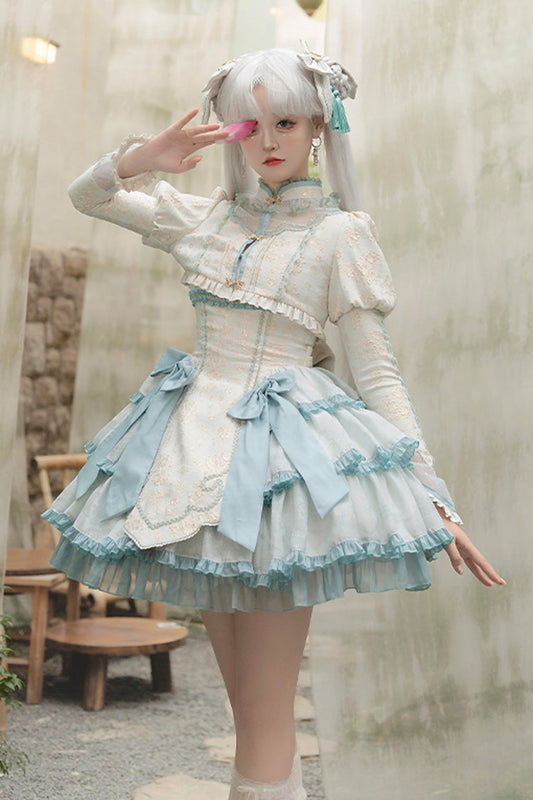 Mint Green Layered Embroidered Bow Sweet Lolita Jumper Dress