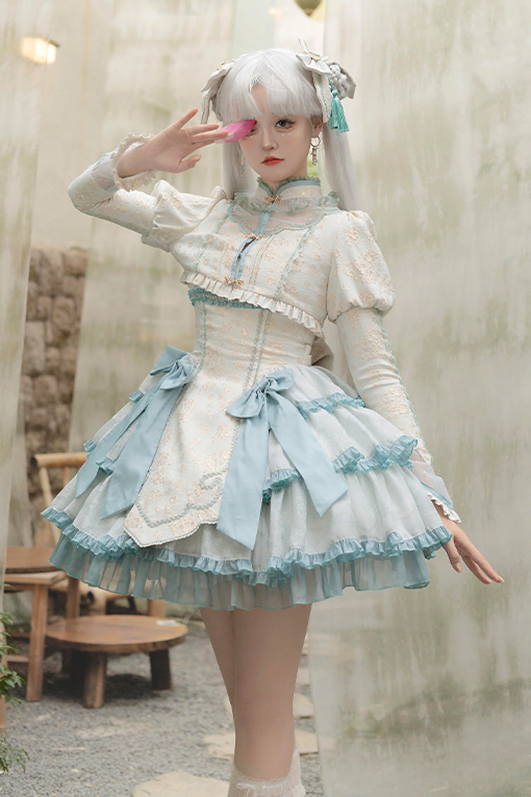 Green Multi-Ruffle Embroidered Chinese JSK