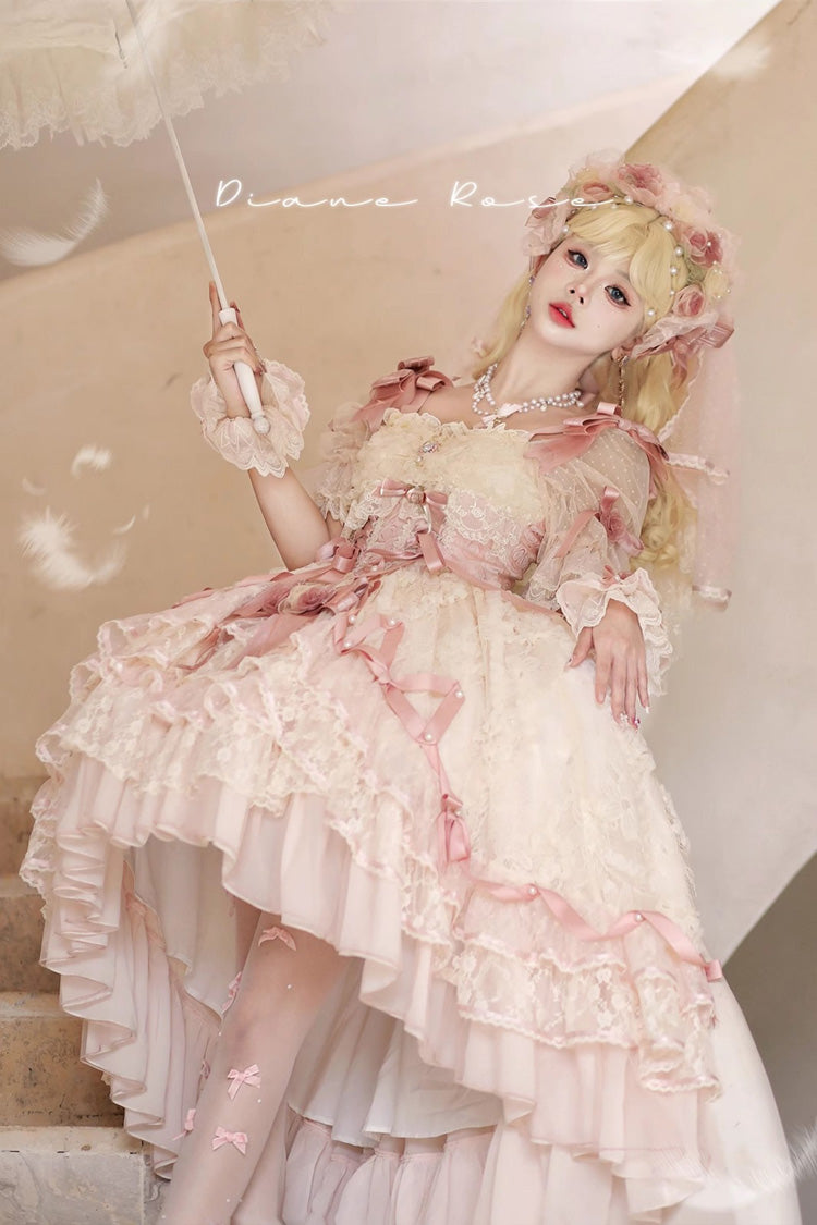 Diane Rose Pink Short Sleeves Multi-Layered Jacquard Ruffle Hanayome Cardigan Bowknot Lace Sweet Dress