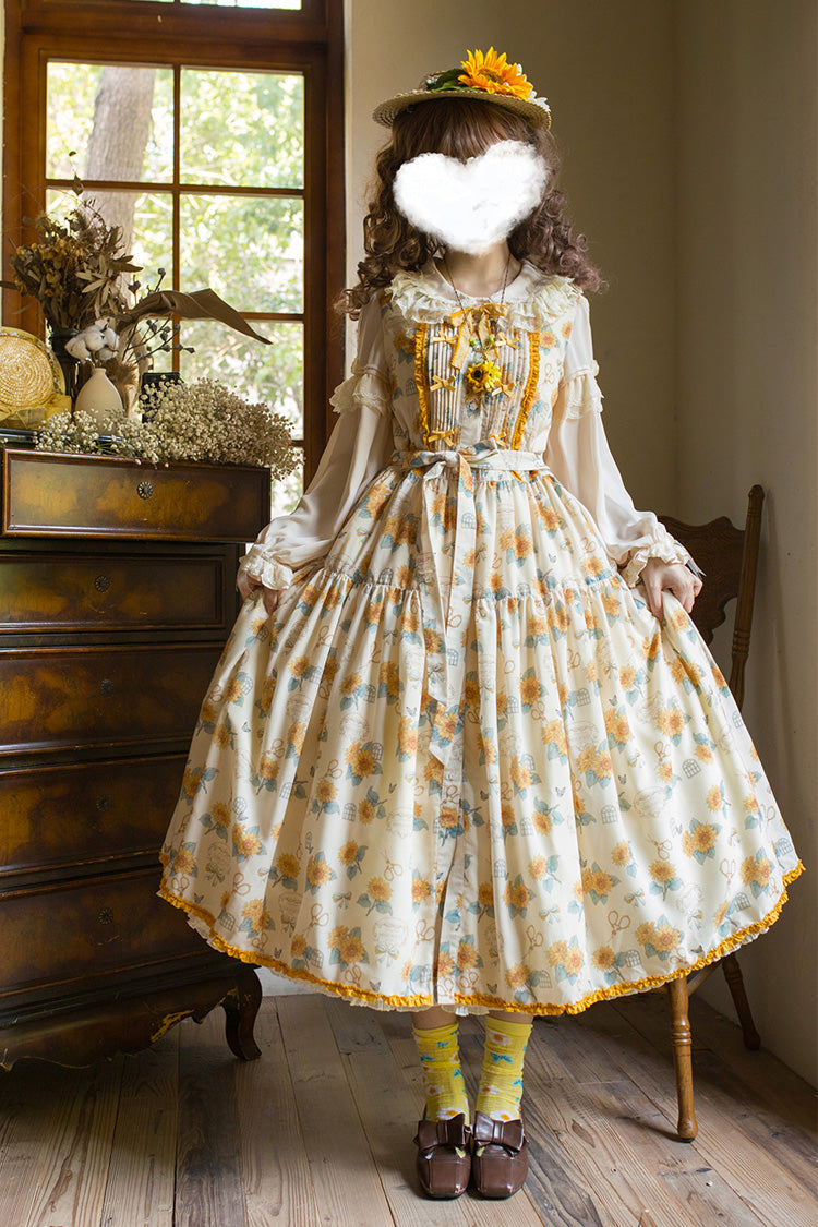 Apricot Sweet Elegant Lolita JSK Dress with Sleeveless Print Ruffles and Bowknot Accents