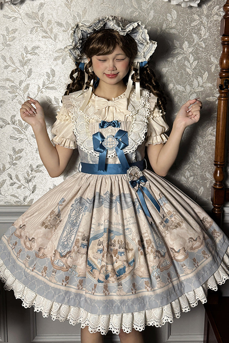 Fairy Tale Sleeveless Ruffle Bow JSK Dress with Print - Two Tones