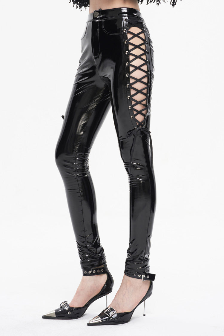 Vinyl Side Cutout Lace-Up Punk Pants for Women
