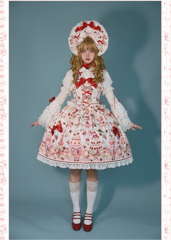 and Sweet Full Bow Desserts Lolita Set Print White / JSK Accents Strawberry