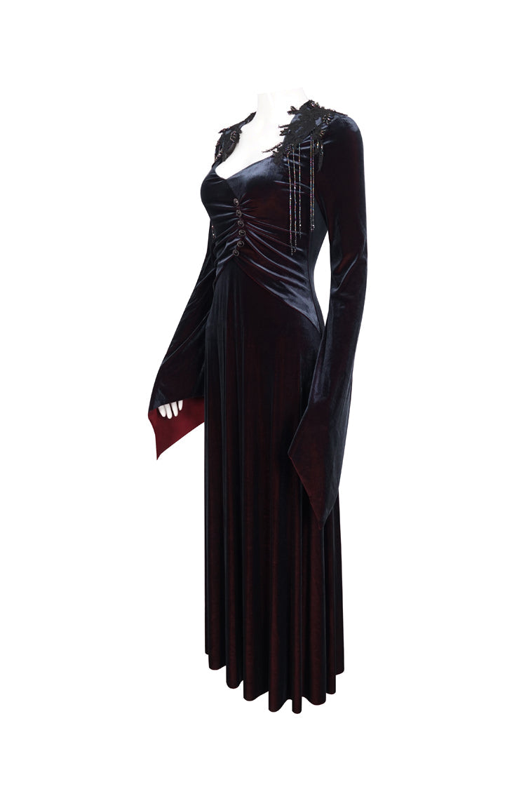 Scarlet & Black Fringe Bell-Sleeve Gothic Maxi Dress