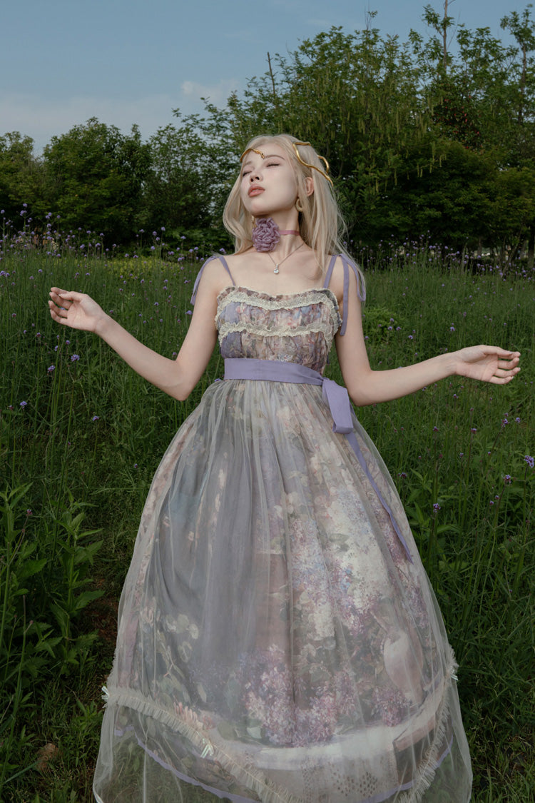 Violet Shaded Blossoms Oil Painting Sleeveless Printed Ruffled Bow Lace JSK