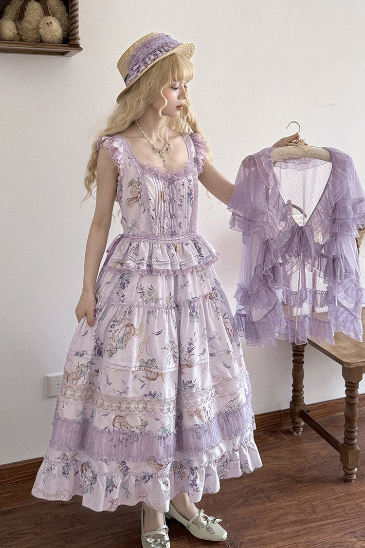 Violet Pea Squirrel Sleeveless Pastoral Print Ruffled Embroidered Lace JSK