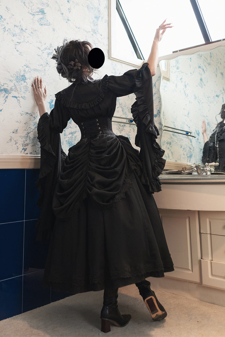 Black Sleepwalking Long Hime Sleeves Stitching Lace Plus Size Elegant Gothic Skirt Set
