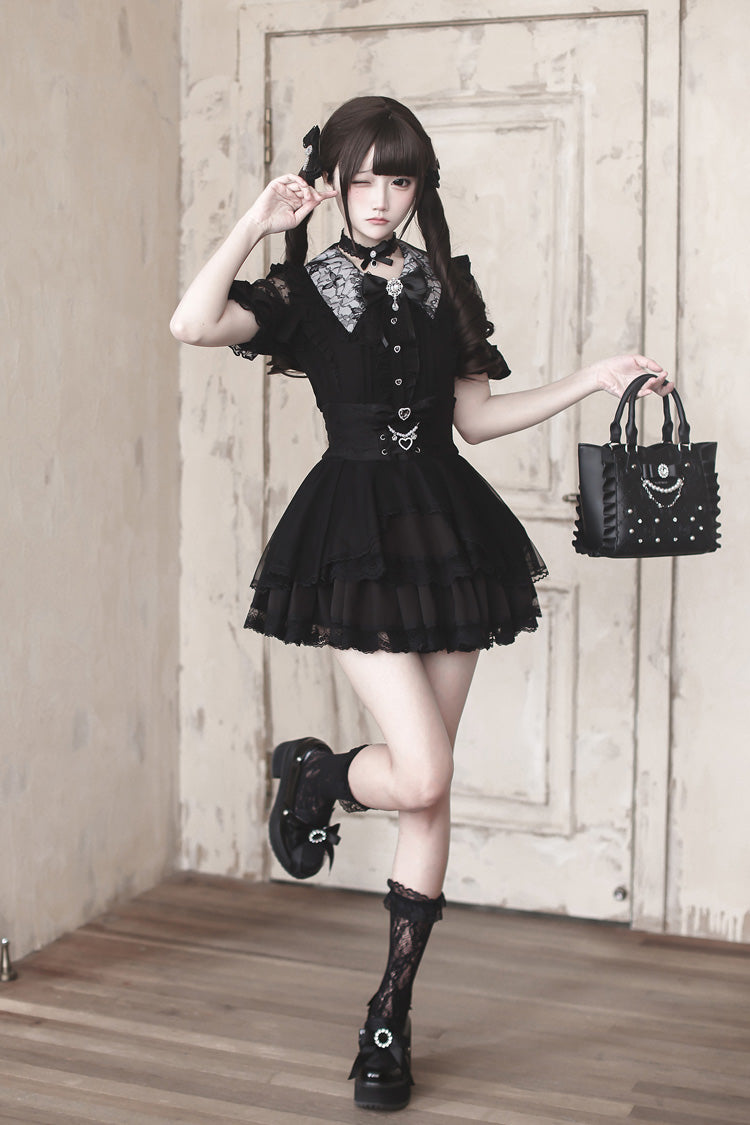 Onyx Collar Short-Sleeve Double Ruffle Cut-Out Set - Dreamy Love Ballad
