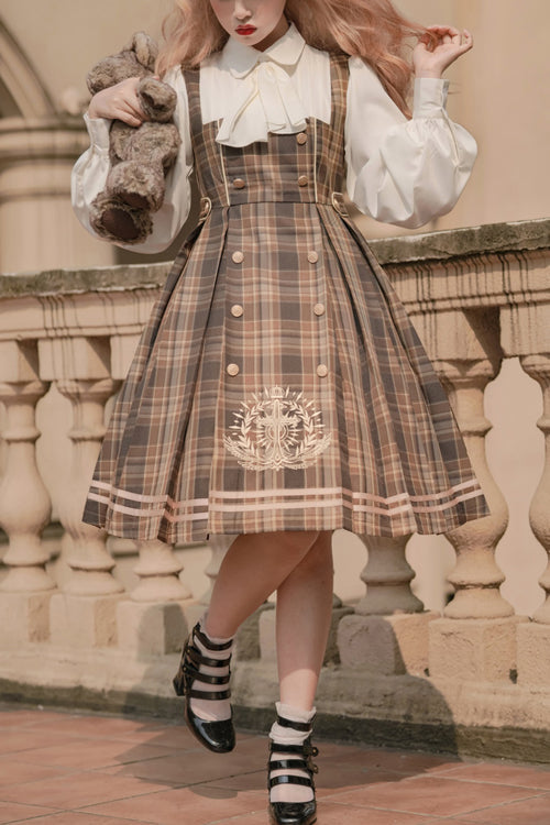 Detective-Inspired Double-Breasted Embroidered Plaid Sweet OP Gown