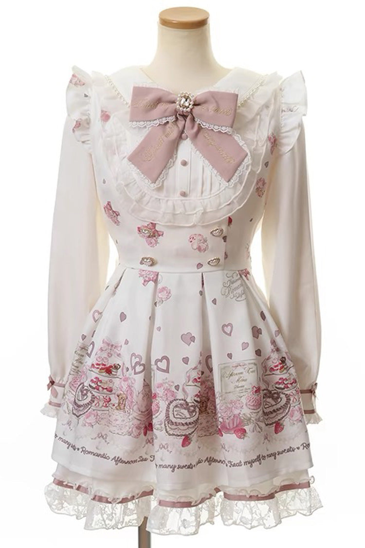 Afternoon Tea Print Ruffle Bowknot Lace Sweet Jirai Kei Plus Size Dress - 3 Colors