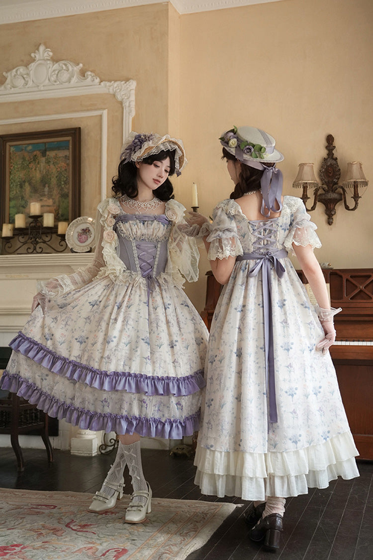 Double-Layer Print Ruffle Bow Lace-Up Fake Two Piece Sweet Lolita Jumper Dress - Purple Ivory