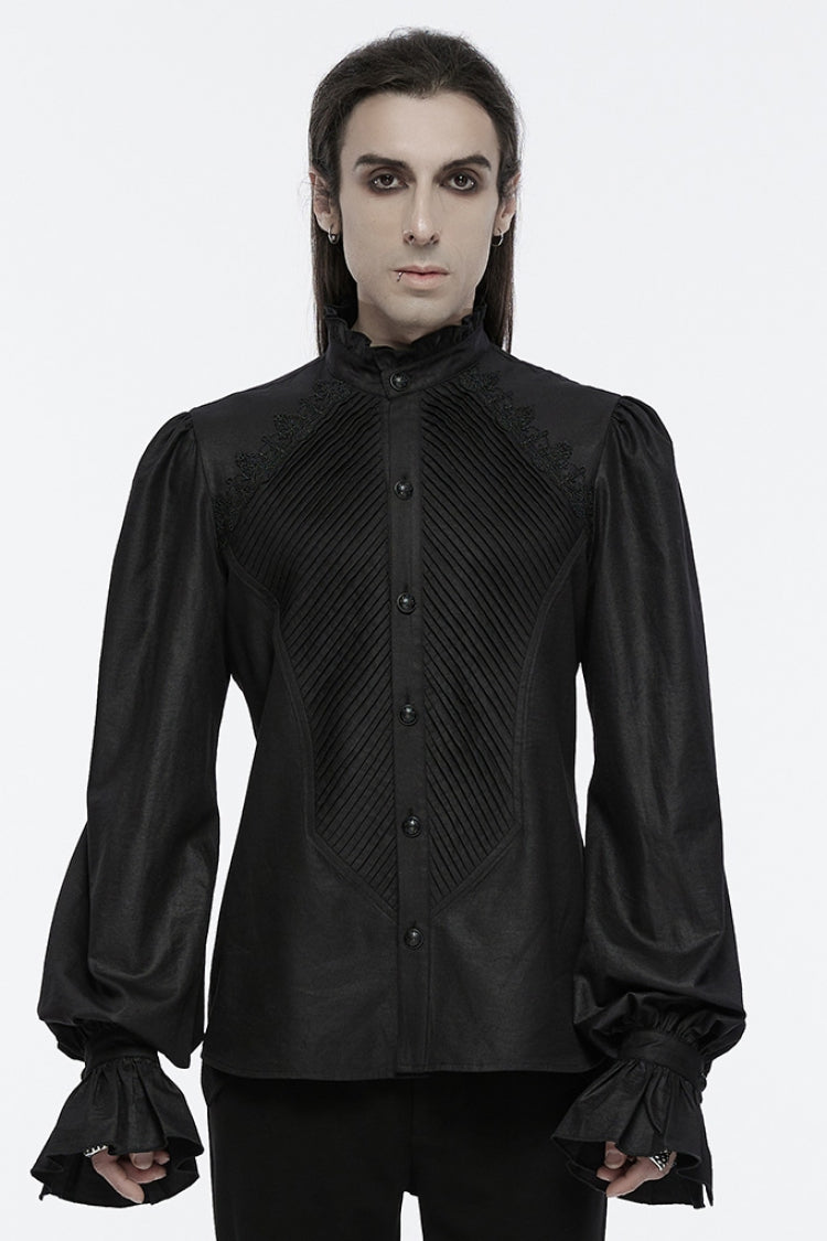 Jet-Black Gothic Blouse with Puffed Sleeves and Lace Accents for Men